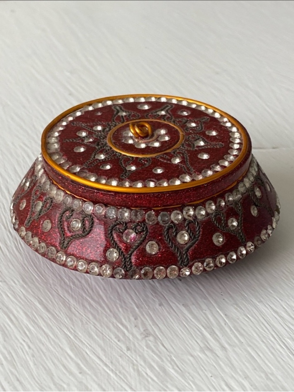 Mediterranean Embellished Trinket Box - Deep Red with Rhinestones & Glitter